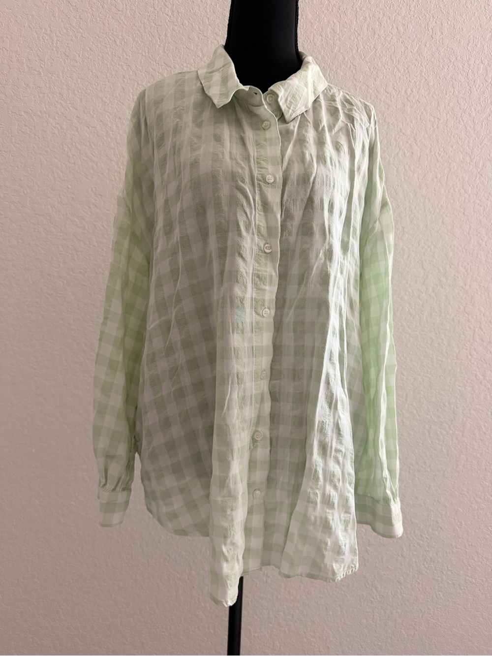 Zara Mint Green White Gingham Oversized Shirt | Cotton Blend